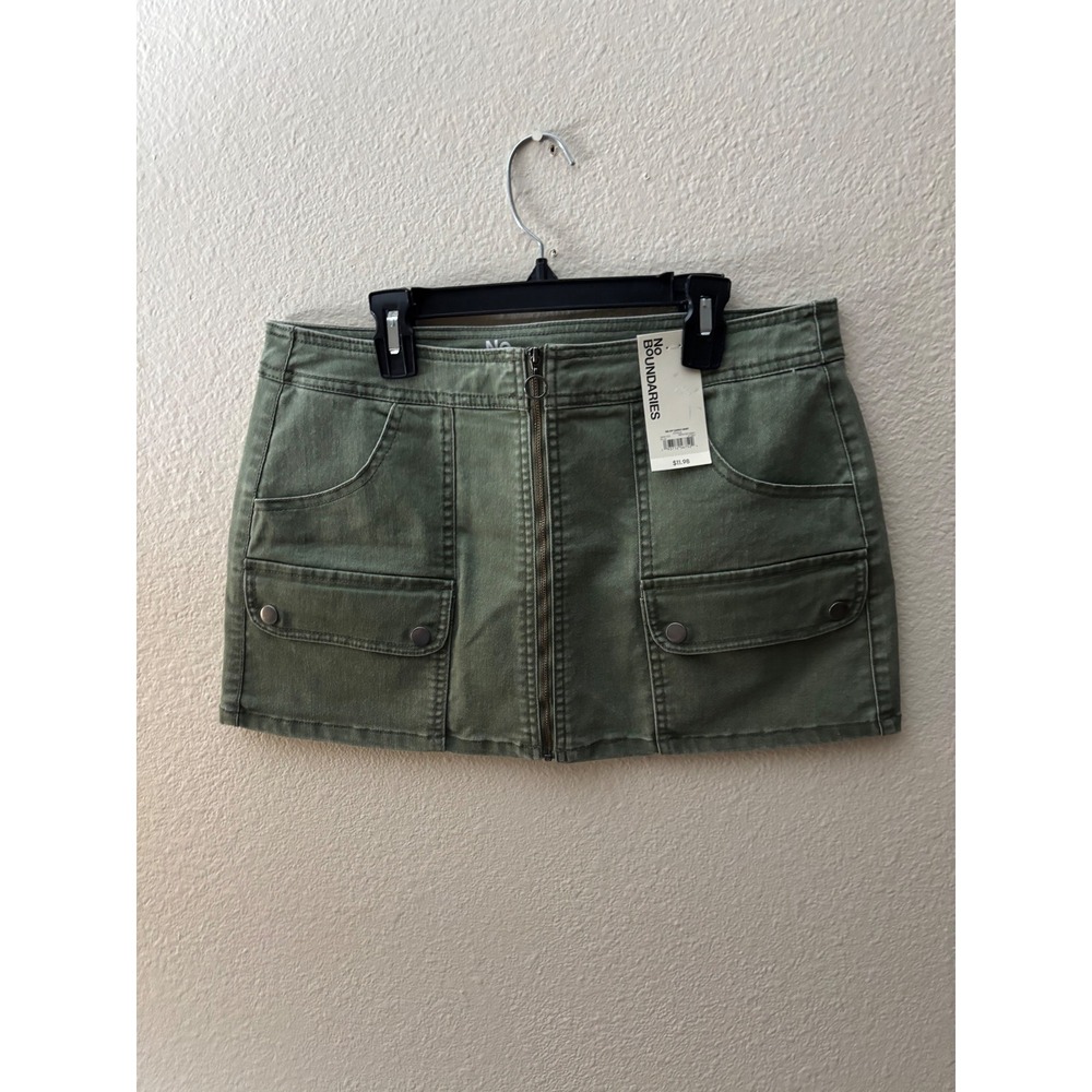 No Boundaries Olive Green Cargo Mini Skirt Full Zip Utility Twill Womens M A1126